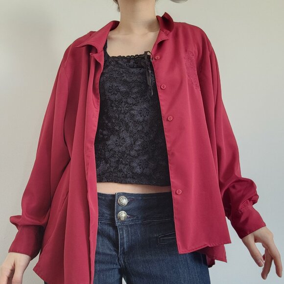 Vintage 90s Liz Moody classic french red puffy long sleeved button-up shirt - Picture 6 of 16